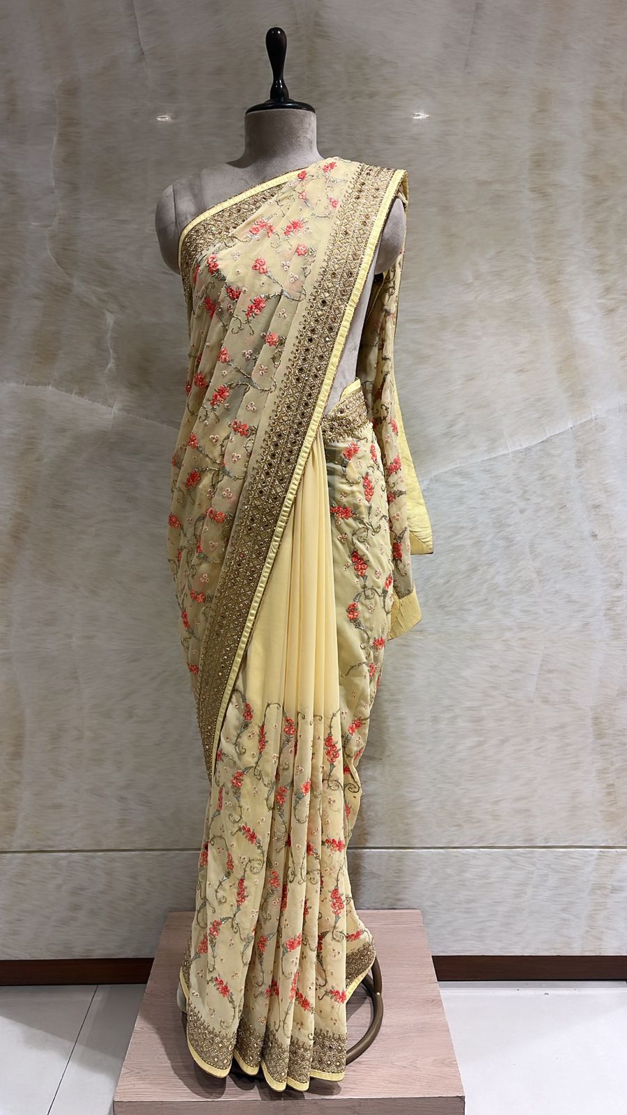 Lemon Georgette Saree with Swarovski, French Knots, and Tilla Embroidery