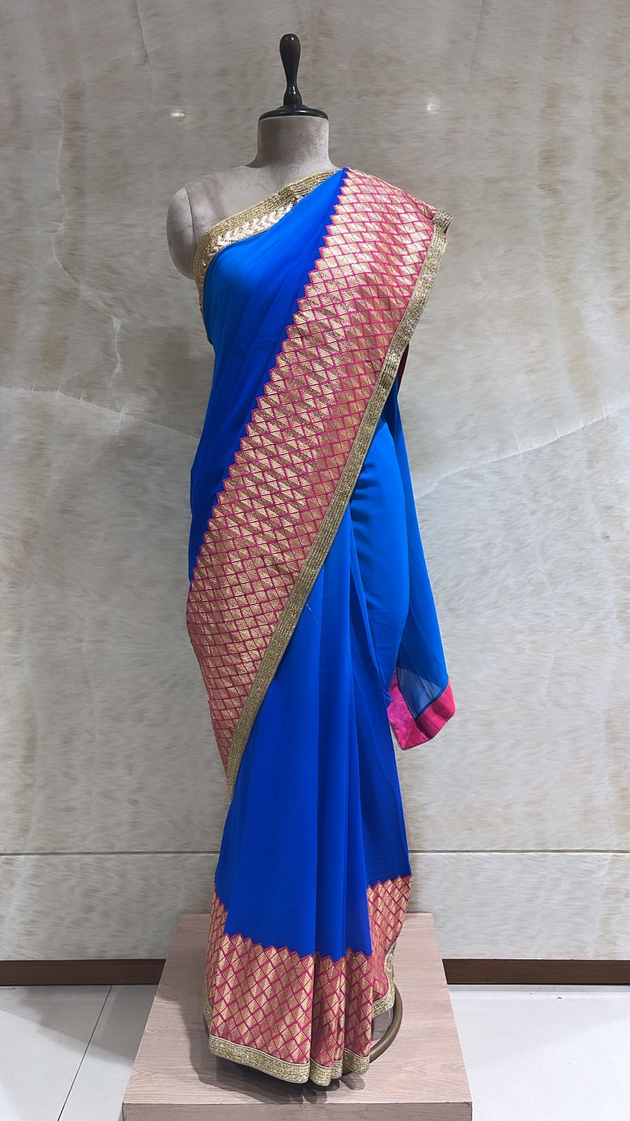 Royal Blue Georgette Saree with Intricate Embroidery and Unstitched Blouse