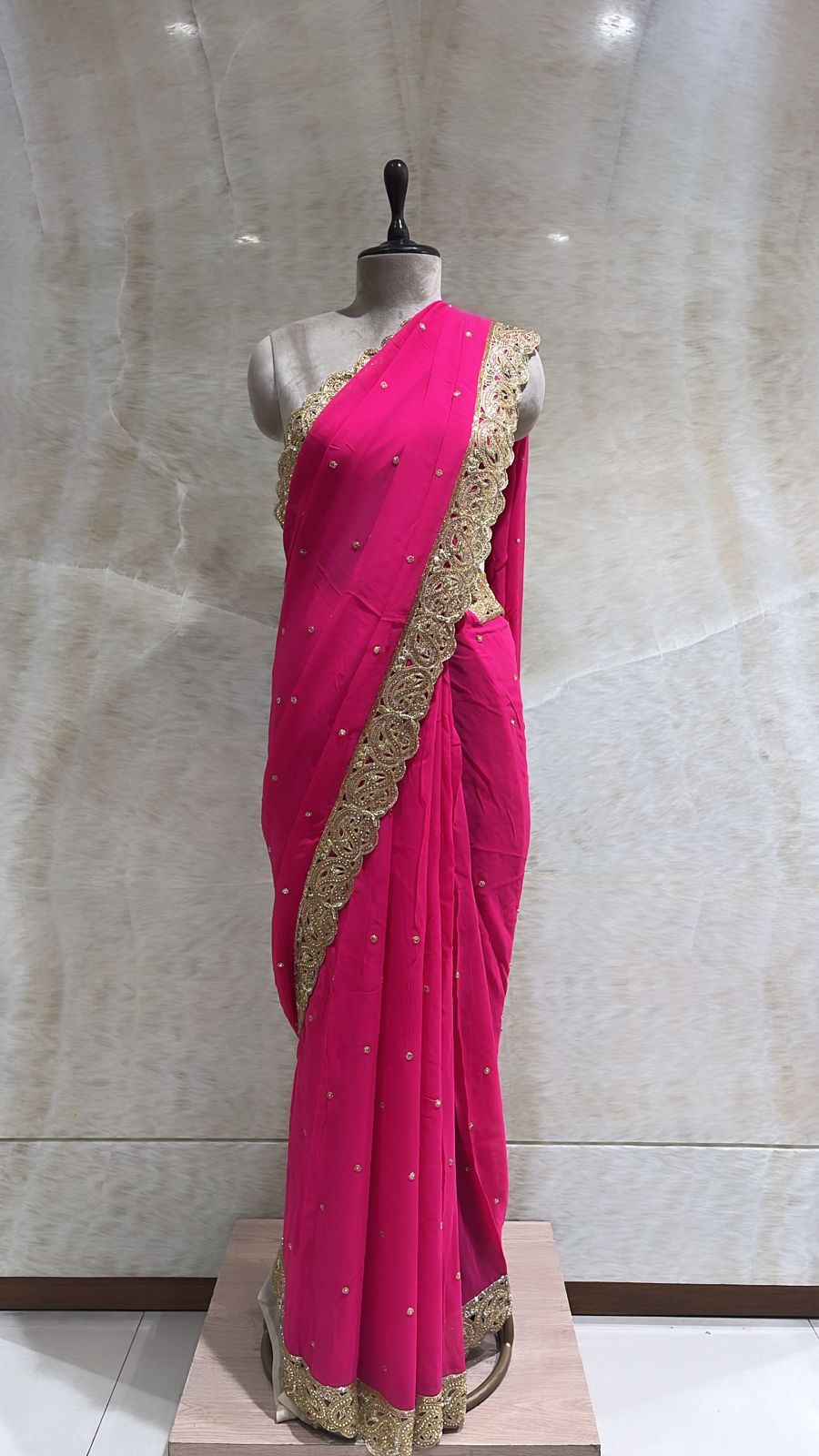 Hot Pink Georgette Saree with Cut Dana, Swarovski, Pearls, and Tilla Embroidery