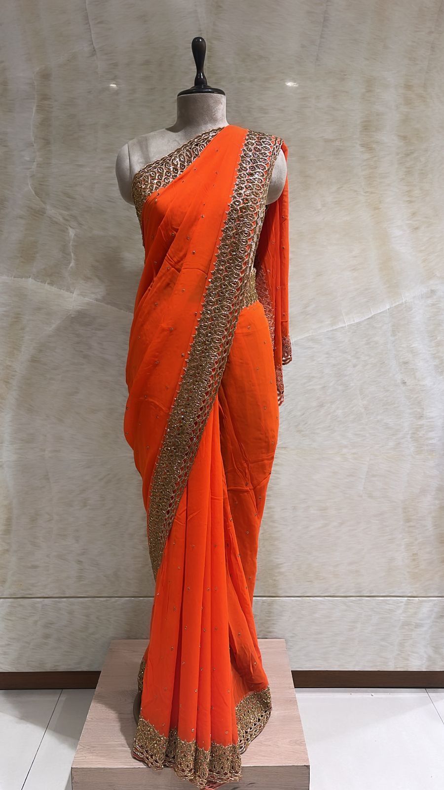 Orange Cut Dana & Pearls Embroidered Saree For Women