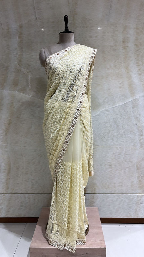 Cream Color Swarovski & Tilla Embroidered Saree