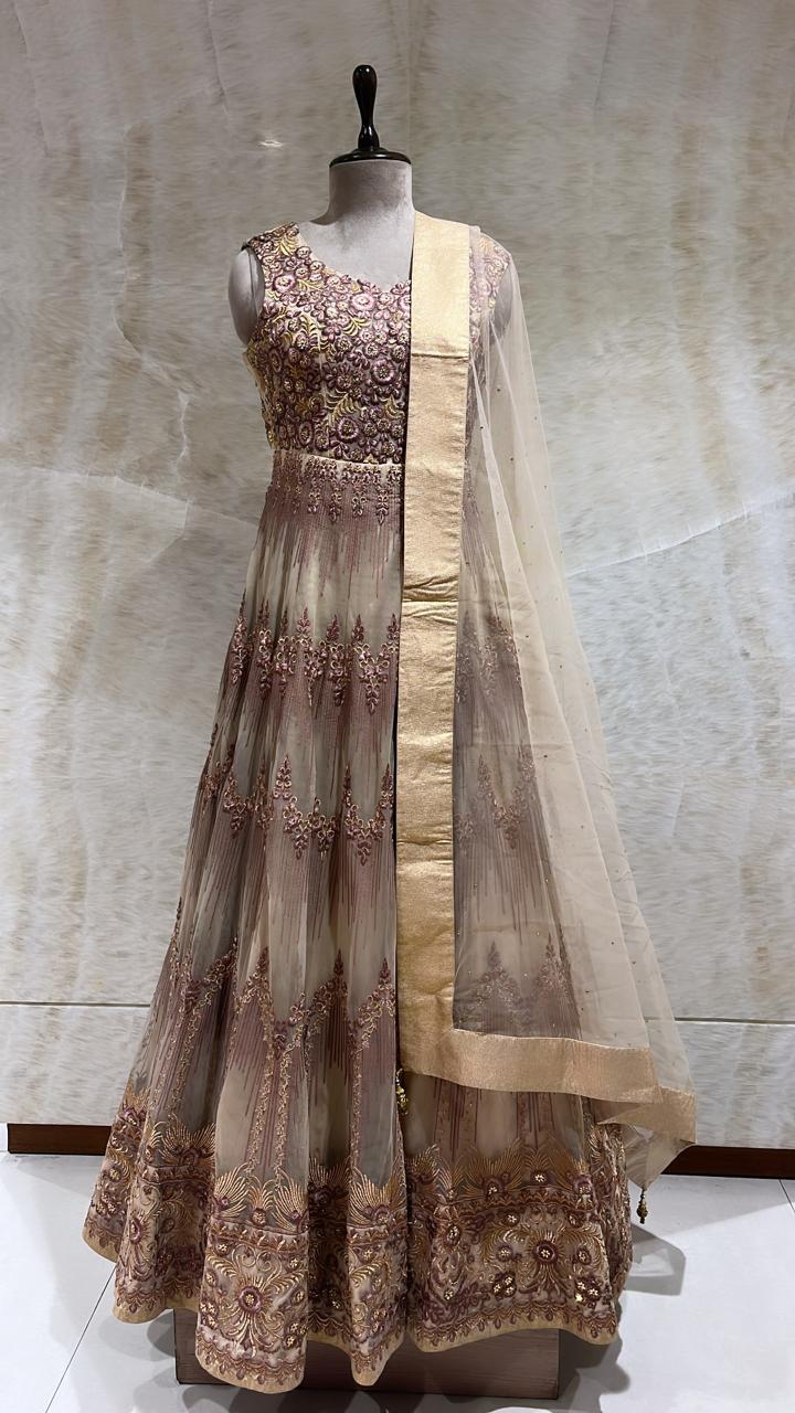 Gold Color Tilla & Stones Embroidered Anarkali Set For Women