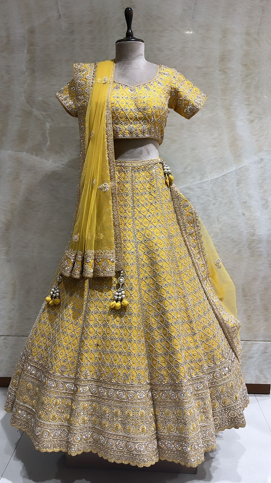 Sunshine Splendor: Yellow Dabka & Pearls Embroidered Haldi Lehenga Set