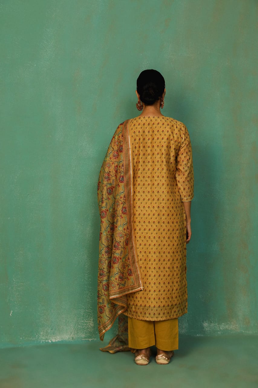 MUSTARD STRAIGHT FIT CHANDERI SUIT SET (WITH PANTS AND DUPATTA)