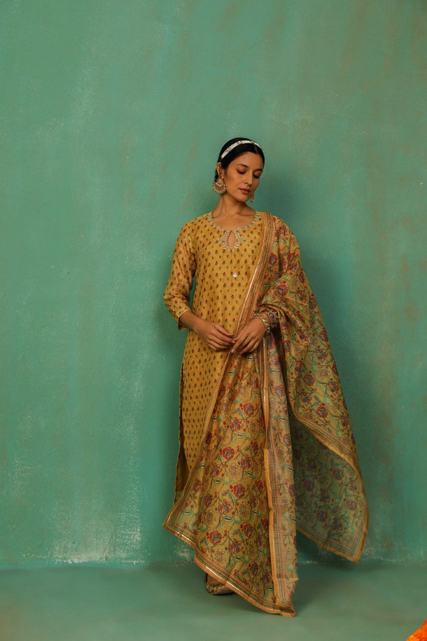 MUSTARD STRAIGHT FIT CHANDERI SUIT SET (WITH PANTS AND DUPATTA)