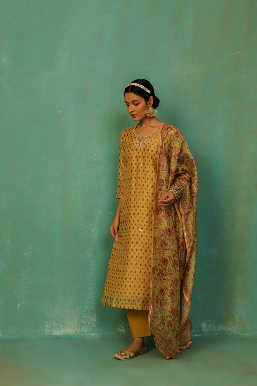 MUSTARD STRAIGHT FIT CHANDERI SUIT SET (WITH PANTS AND DUPATTA)