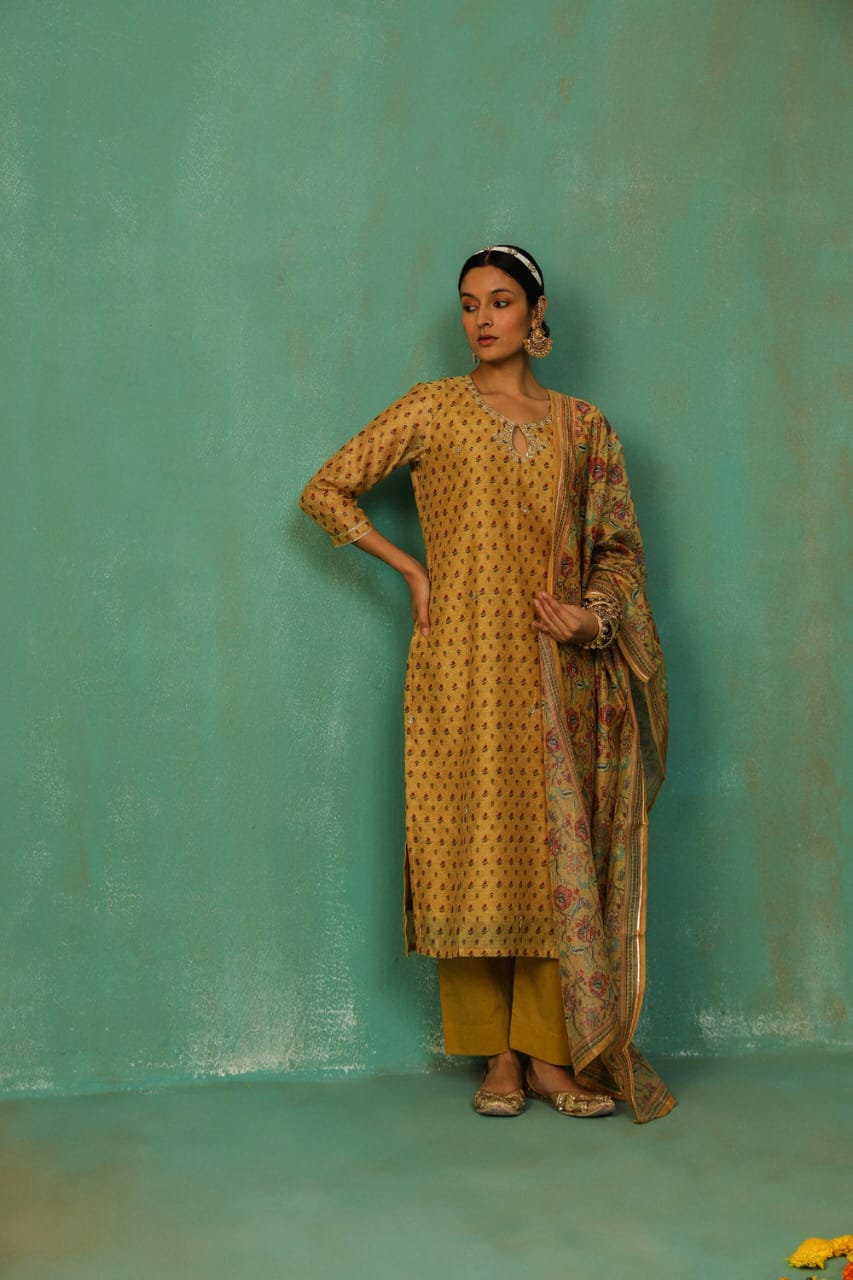 MUSTARD STRAIGHT FIT CHANDERI SUIT SET (WITH PANTS AND DUPATTA)