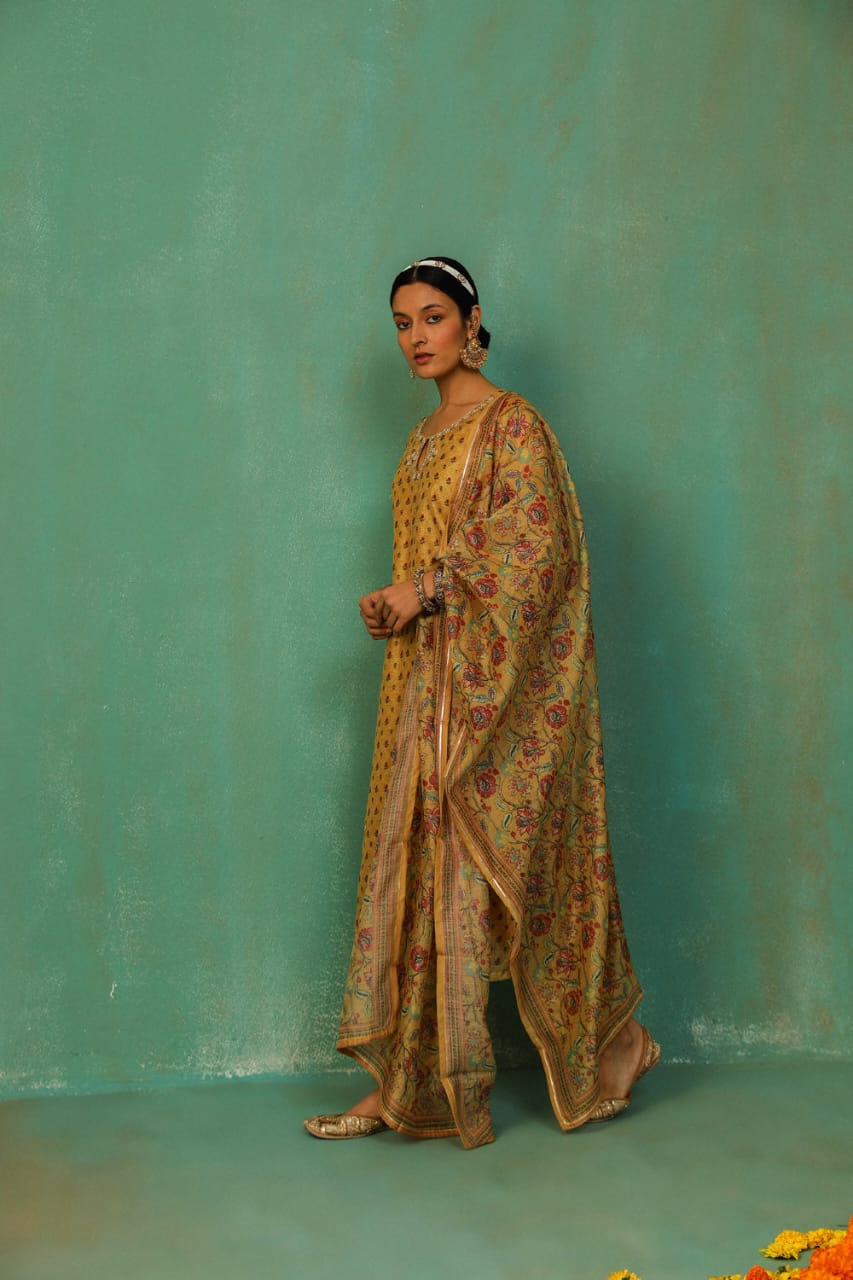 MUSTARD STRAIGHT FIT CHANDERI SUIT SET (WITH PANTS AND DUPATTA)