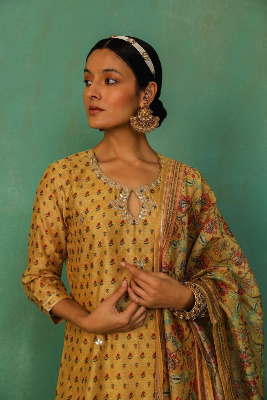 MUSTARD STRAIGHT FIT CHANDERI SUIT SET (WITH PANTS AND DUPATTA)