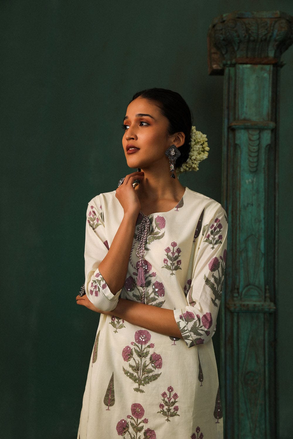 OFF WHITE BLOCK PRINT COTTON KURTA SET