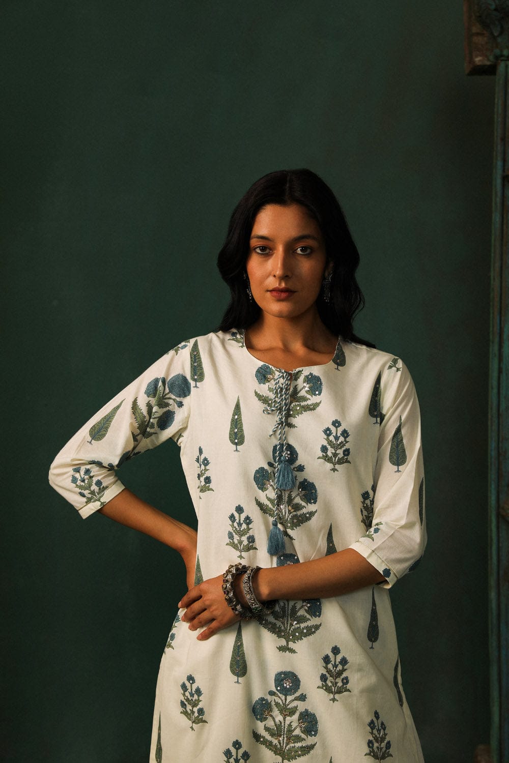 OFF WHITE BLOCK PRINT COTTON KURTA SET