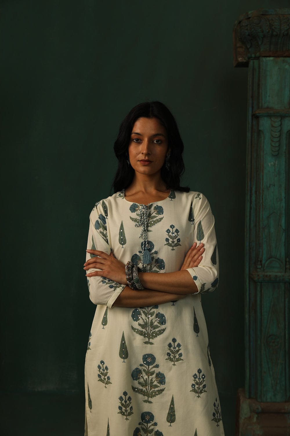 OFF WHITE BLOCK PRINT COTTON KURTA SET