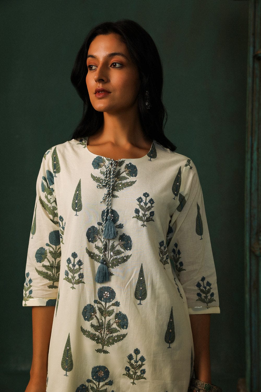 OFF WHITE BLOCK PRINT COTTON KURTA SET