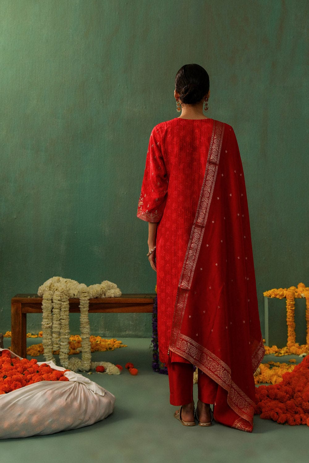 RED DOLA JACQUARD STRAIGHT FIT SUIT SET (WITH PANTS AND DUPATTA)