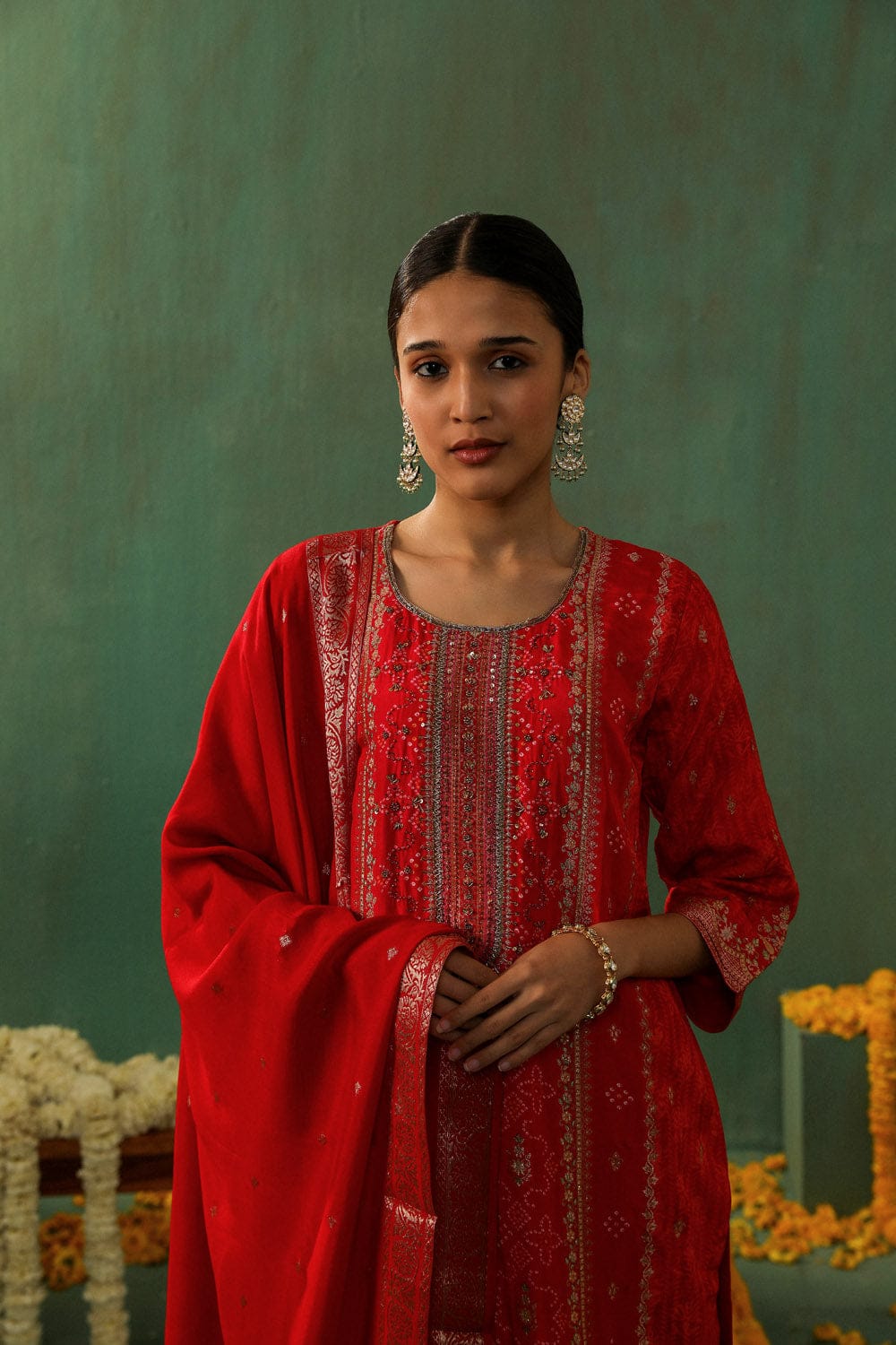 RED DOLA JACQUARD STRAIGHT FIT SUIT SET (WITH PANTS AND DUPATTA)