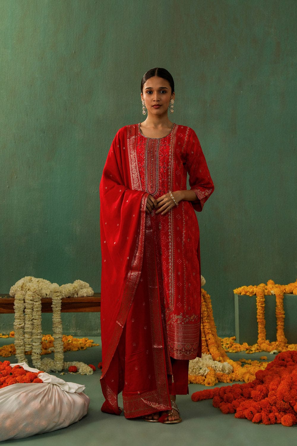 RED DOLA JACQUARD STRAIGHT FIT SUIT SET (WITH PANTS AND DUPATTA)