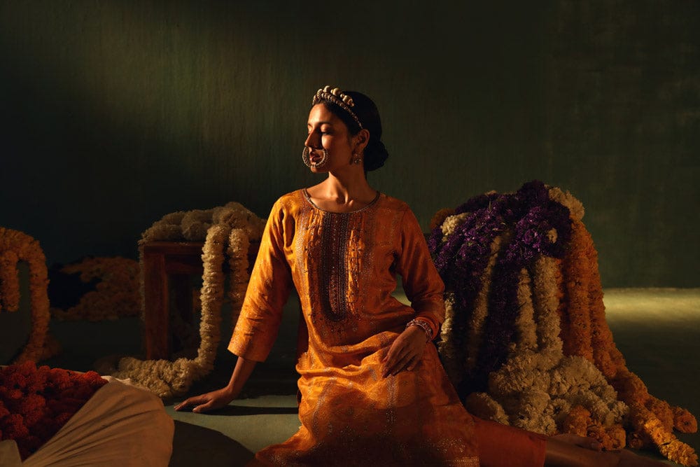 YELLOW DOLA JACQUARD STRAIGHT FIT SUIT SET (WITH PANTS AND DUPATTA)