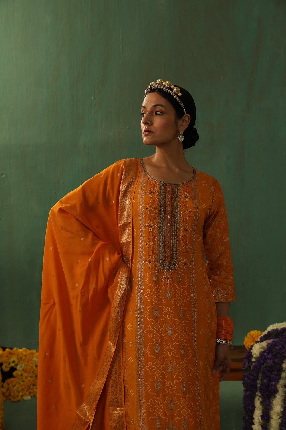 YELLOW DOLA JACQUARD STRAIGHT FIT SUIT SET (WITH PANTS AND DUPATTA)