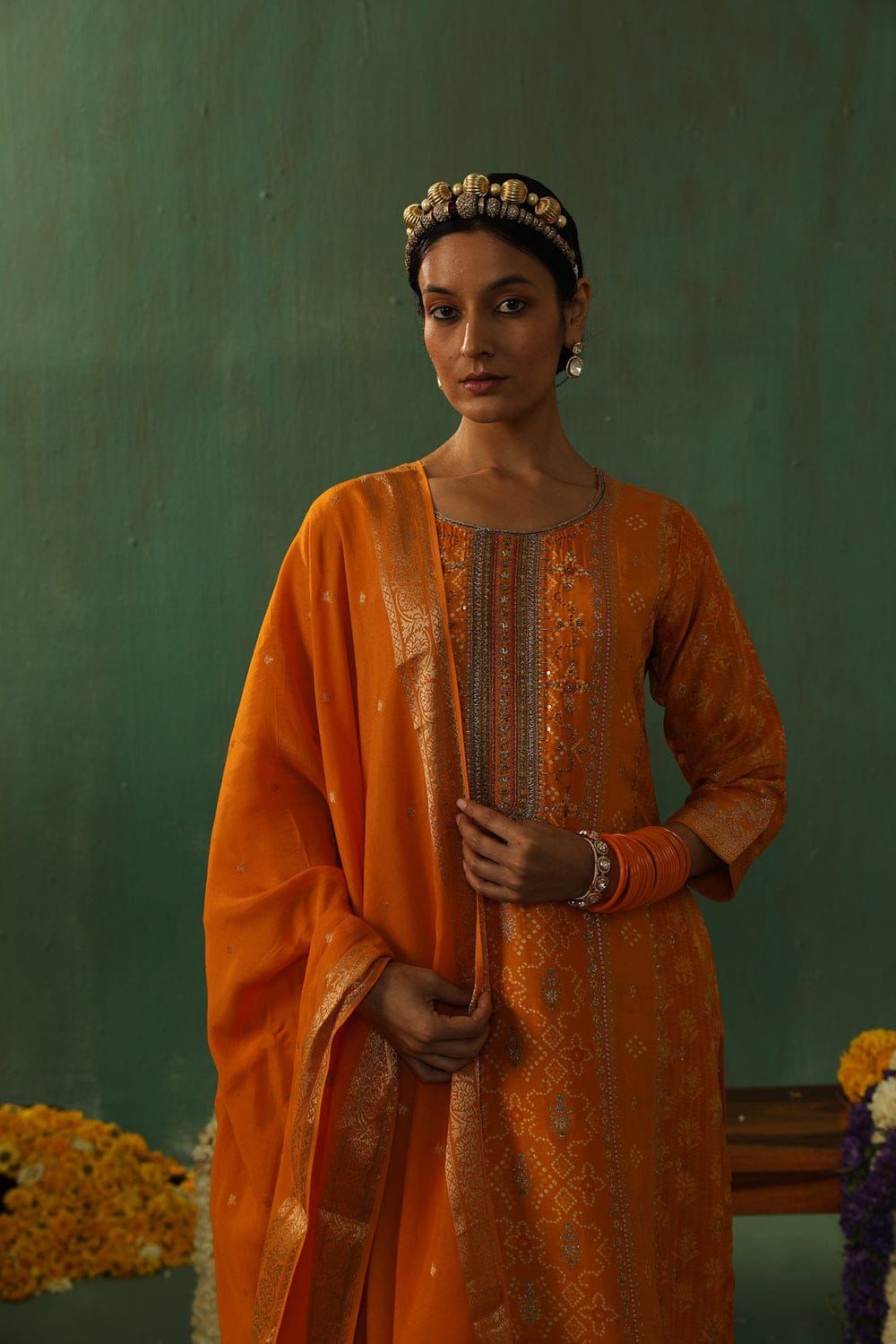 YELLOW DOLA JACQUARD STRAIGHT FIT SUIT SET (WITH PANTS AND DUPATTA)