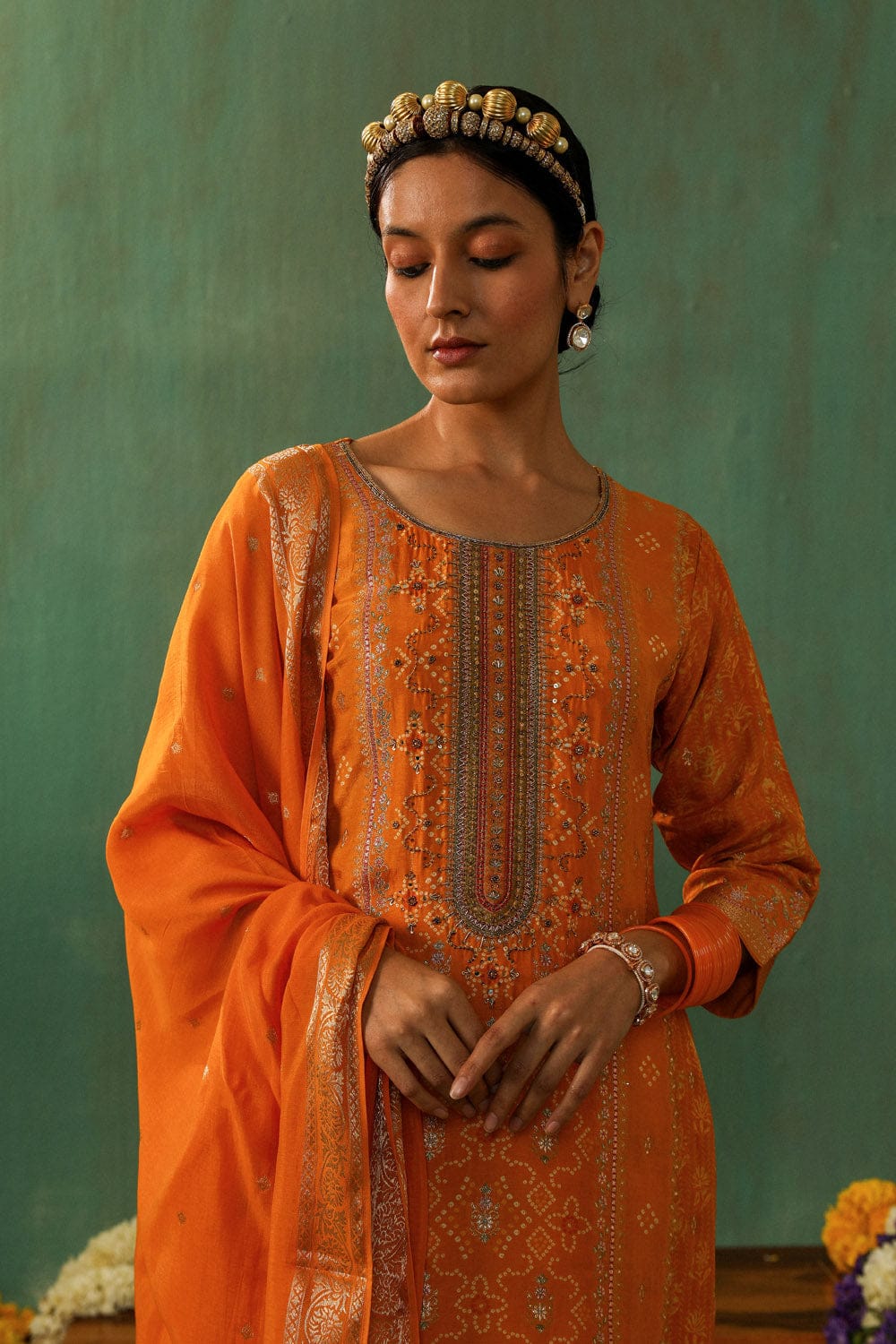 YELLOW DOLA JACQUARD STRAIGHT FIT SUIT SET (WITH PANTS AND DUPATTA)