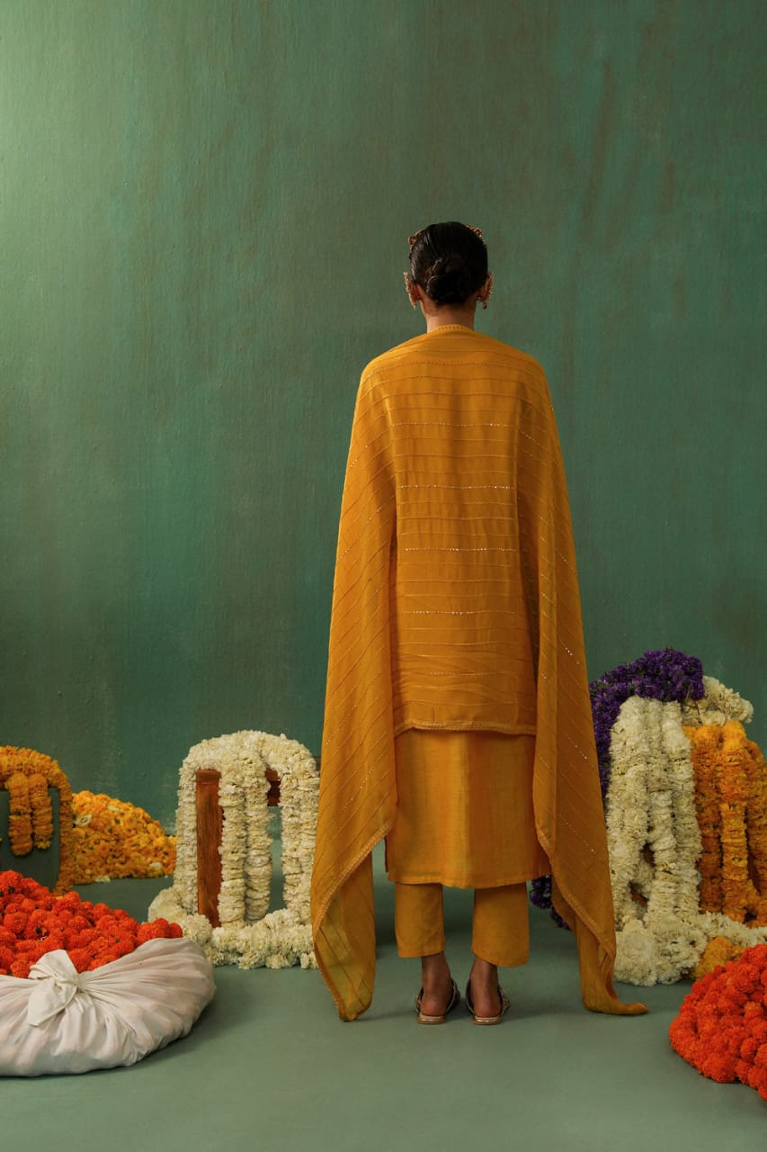 MUSTARD MUL CHANDERI SUIT SET (WITH PANTS AND DUPATTA)