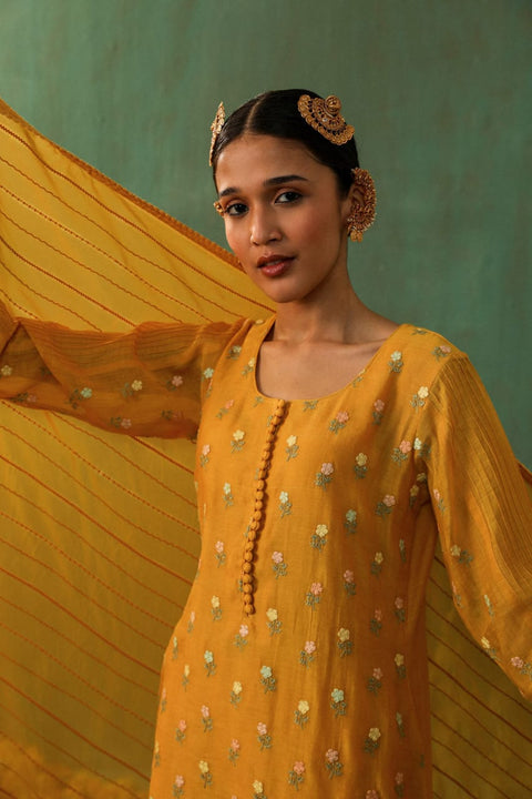 MUSTARD MUL CHANDERI SUIT SET (WITH PANTS AND DUPATTA)