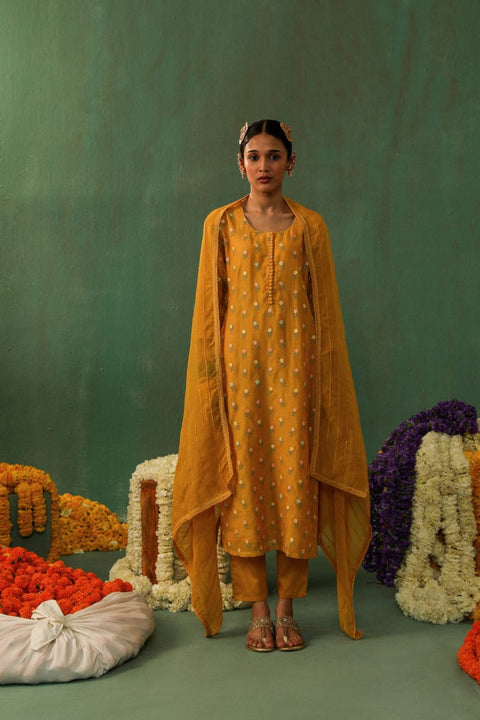 MUSTARD MUL CHANDERI SUIT SET (WITH PANTS AND DUPATTA)