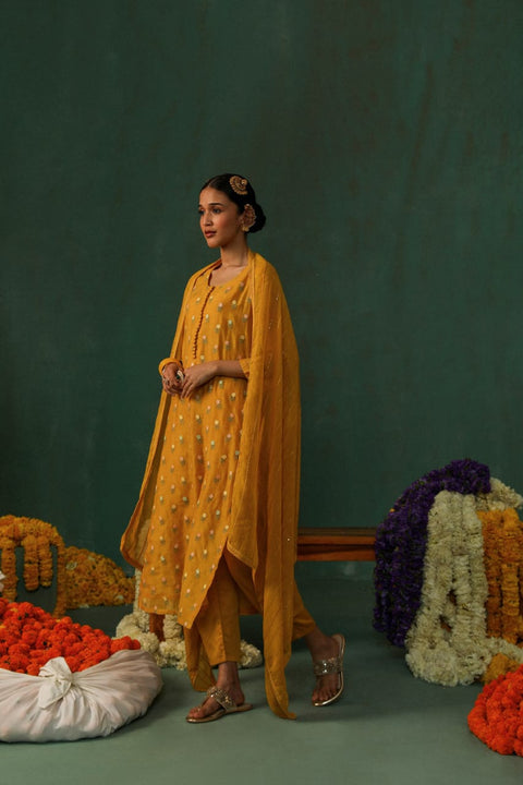 MUSTARD MUL CHANDERI SUIT SET (WITH PANTS AND DUPATTA)