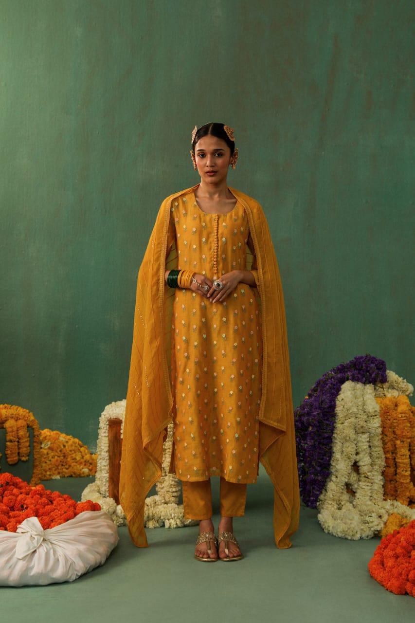 MUSTARD MUL CHANDERI SUIT SET (WITH PANTS AND DUPATTA)