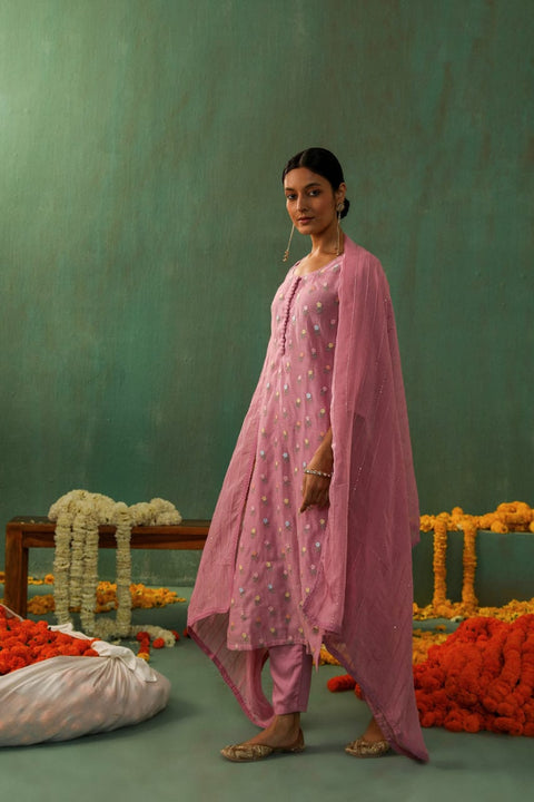 LAVENDER PINK MUL CHANDERI SUIT SET (WITH PANTS AND DUPATTA)