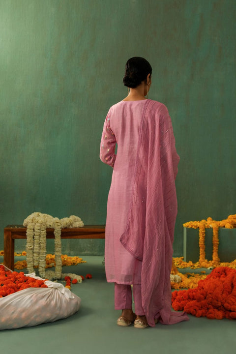 LAVENDER PINK MUL CHANDERI SUIT SET (WITH PANTS AND DUPATTA)