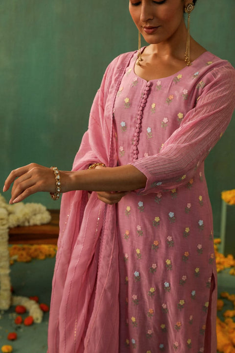 LAVENDER PINK MUL CHANDERI SUIT SET (WITH PANTS AND DUPATTA)