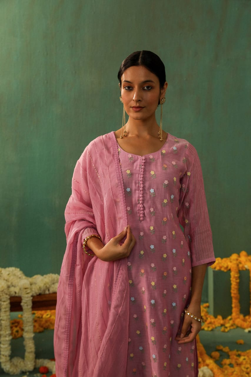 LAVENDER PINK MUL CHANDERI SUIT SET (WITH PANTS AND DUPATTA)