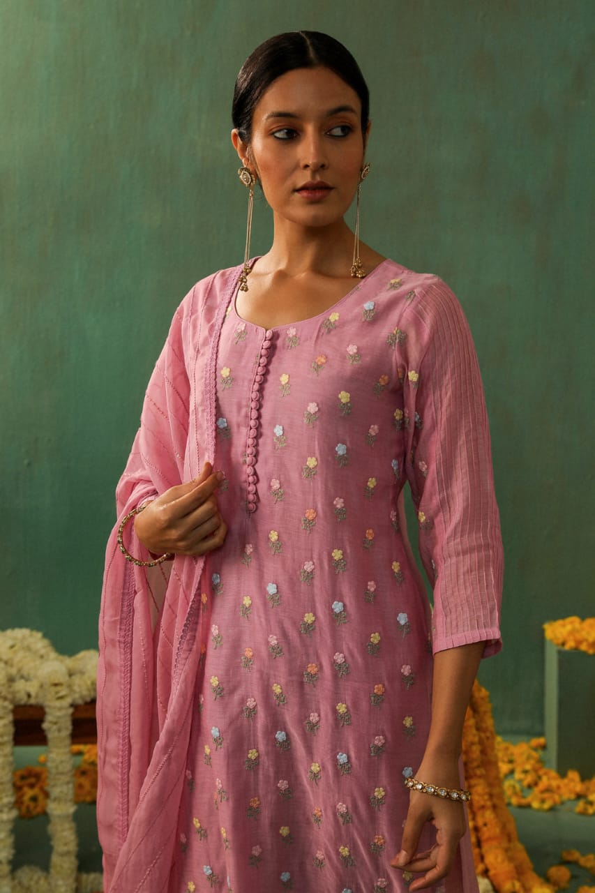 LAVENDER PINK MUL CHANDERI SUIT SET (WITH PANTS AND DUPATTA)