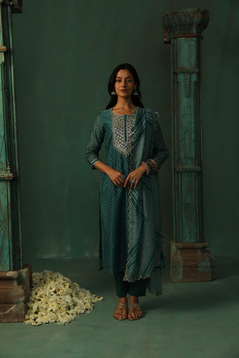 DARK TEAL STRAIGHT FIT CHANDERI SUIT SET (WITH PANTS AND DUPATTA)