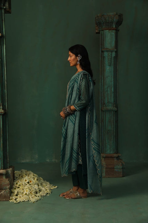 DARK TEAL STRAIGHT FIT CHANDERI SUIT SET (WITH PANTS AND DUPATTA)