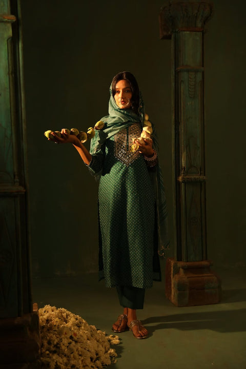 DARK TEAL STRAIGHT FIT CHANDERI SUIT SET (WITH PANTS AND DUPATTA)