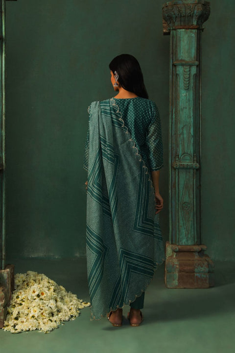 DARK TEAL STRAIGHT FIT CHANDERI SUIT SET (WITH PANTS AND DUPATTA)