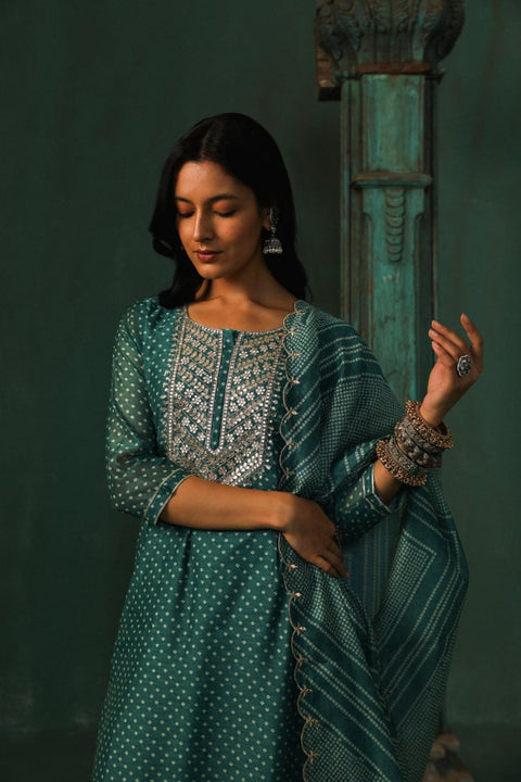 DARK TEAL STRAIGHT FIT CHANDERI SUIT SET (WITH PANTS AND DUPATTA)