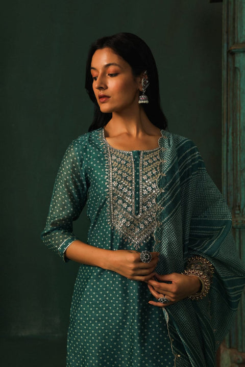 DARK TEAL STRAIGHT FIT CHANDERI SUIT SET (WITH PANTS AND DUPATTA)