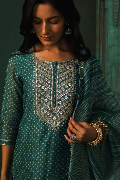 DARK TEAL STRAIGHT FIT CHANDERI SUIT SET (WITH PANTS AND DUPATTA)