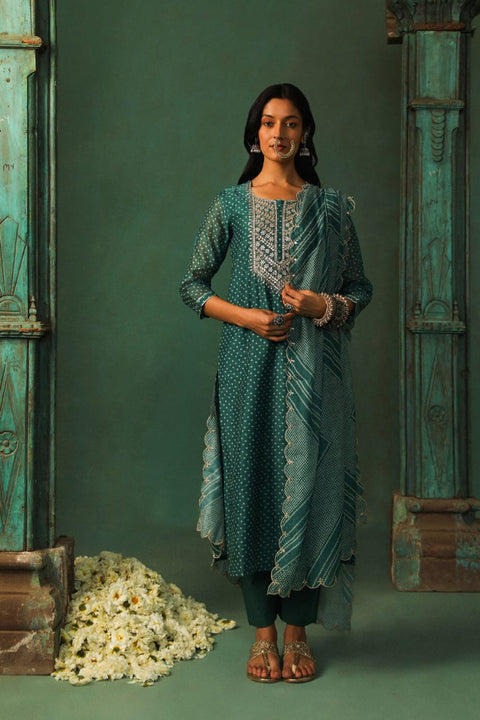 DARK TEAL STRAIGHT FIT CHANDERI SUIT SET (WITH PANTS AND DUPATTA)