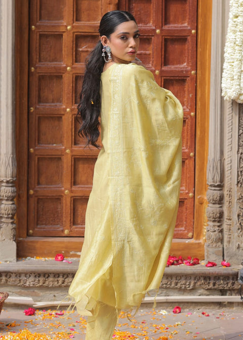 LIGHT YELLOW MUL CHANDERI STRAIGHT SUIT SET (WITH PANTS AND DUPATTA)