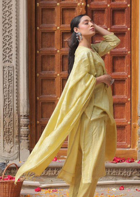 LIGHT YELLOW MUL CHANDERI STRAIGHT SUIT SET (WITH PANTS AND DUPATTA)