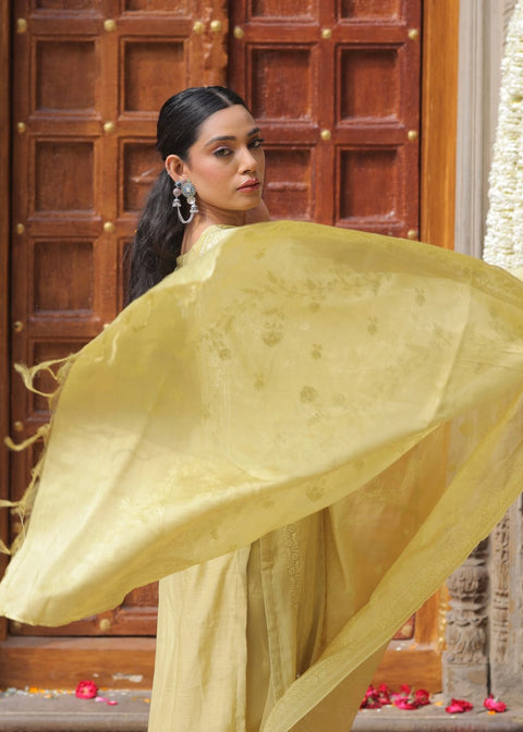 LIGHT YELLOW MUL CHANDERI STRAIGHT SUIT SET (WITH PANTS AND DUPATTA)