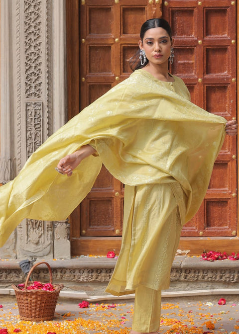 LIGHT YELLOW MUL CHANDERI STRAIGHT SUIT SET (WITH PANTS AND DUPATTA)