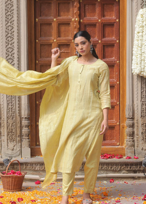 LIGHT YELLOW MUL CHANDERI STRAIGHT SUIT SET (WITH PANTS AND DUPATTA)