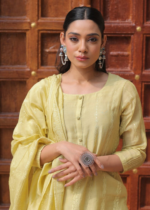 LIGHT YELLOW MUL CHANDERI STRAIGHT SUIT SET (WITH PANTS AND DUPATTA)