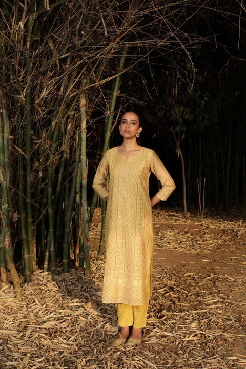 MUSTARD CHIKANKARI JUTE CHANDERI SUIT SET (WITH PANTS )