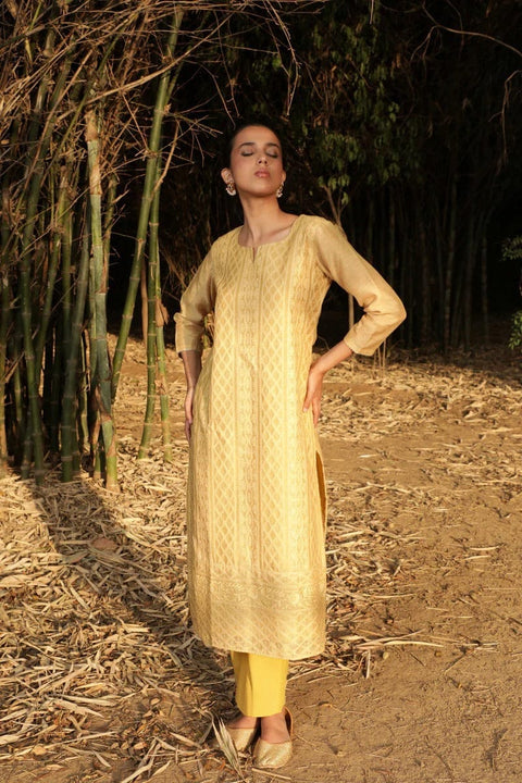 MUSTARD CHIKANKARI JUTE CHANDERI SUIT SET (WITH PANTS )